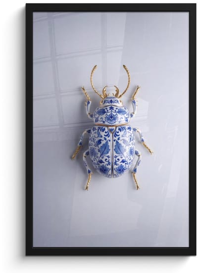 Poster in lijst - Fotolijst 40x60 cm - Posters - Kever - Delfts - Blauw - Goud - Posterlijst zwart - Decoratie - Wanddecoratie woonkamer - Muurdecoratie slaapkamer