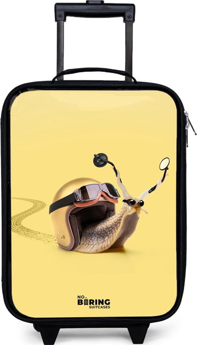 NoBoringSuitcases.com® - Kinderkoffer jongen - Kindertrolley meisje - Slak met motorhelm - Koffer kind lichtgewicht - Reiskoffer trolley voor kinderen - Koffertje met lichtgevende wieltjes - Rolkoffer zwart