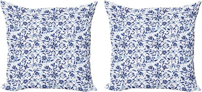 ABAKUHAUS Blauwe decoratieve kussenhoes, 2 stuks, moderne bloemen en bladeren, moderne accentprint aan beide zijden, 40x40 cm, lichtblauw marineblauw