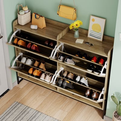 MODFU - Schoenenkast - Afgeronde Randen En Geventileerde Achterzijde - Modern - Voor Hal - Spaanplaat - Naturel - 121 x 25 x 91,5 cm