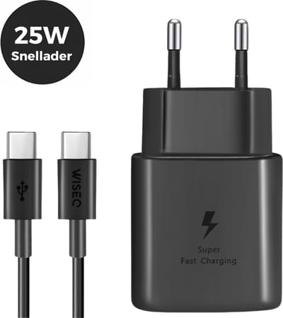 25W Fast Charger USB C geschikt voor Samsung en iPhone - USB C oplader met USB C oplaadkabel - wit - WiseQ