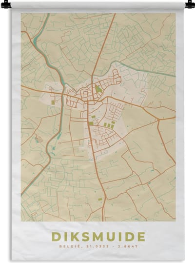 Wandkleed - Wanddoek - Stadskaart - Diksmuide - Kaart - België - Plattegrond - 120x180 cm - Wandtapijt
