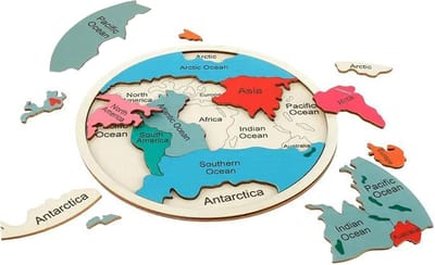 Wereldkaart Puzzel - Houten Continenten - Vroege Geografie - Natuurlijk Hout - 30 cm - Kleurrijk