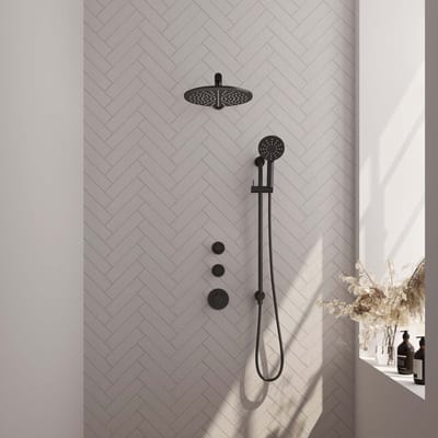 Brauer Black Edition thermostatische inbouw regendouche SET 20 met 30 cm douchekop en rechte muurarm en 3-standen handdouche en doucheslang en geïntegreerde glijstang mat zwart