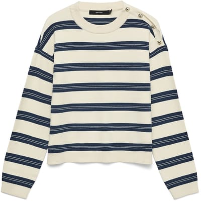 Vero Moda Trui Vmgold Stripe Ls O-neck Pullover 10337908 Birch/w. Dark Denim Dames Maat - S
