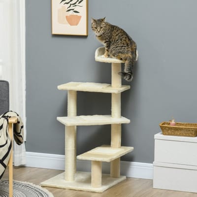 Wishdor - Kattenkrabpaal - Met Sisalpalen En Uitkijkplatform - Meerdelig Ontwerp - Voor Kleine En Middelgrote Katten - Pluche - Beige - 50 x 50 x 100 cm