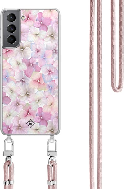 Casimoda® hoesje met koord - Geschikt voor Samsung S21 - Hortensia - Afneembaar koord - TPU/polycarbonaat - Paars