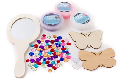 Foam Clay® spiegel knutselen versieren blank hout vlinders roze paars glitter zelf versieren populair knutselpakket Creatief strassteentjes meisje knutselidee prinsesje glitter cadeau tip uniek cadeau handspiegel