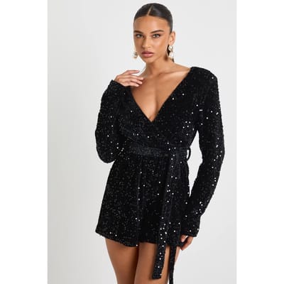 boohoo Dames Fluwelen Pailletten Wrap Playsuit | Black | Maat: 8