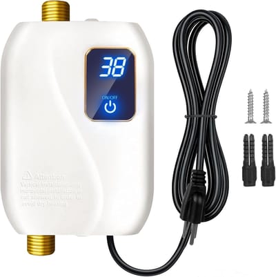 Elektrische doorstroomboiler (110 V, 3000 W) voor directe warmwatervoorziening, onderbouwmodel met digitaal display, geschikt voor keuken en wastafel.