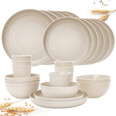 24 stuks onbreekbare serviesset, herbruikbaar, campingserviesset voor 6 personen, plastic servies, picknick, lichte kunststof serveerborden, kommen, bestekset Beige