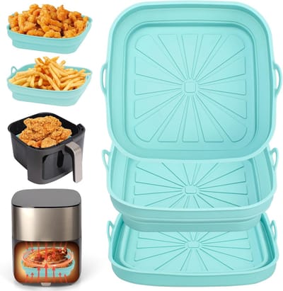 YAGXIG Air Fryer Siliconen Mand - Vierkant Air Fryer Mand - Air Fryer Siliconen Bak - Opvouwbaar Siliconen Bakvormen - Air Fryer Liner - Herbruikbaar - Opvouwbaar - Geschikt voor Air Fryer/Magnetron/Oven - Blauw - 3 stuks
