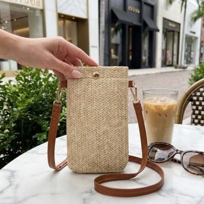 Stijlvolle Boho Strohandtas voor Dames, Kleine Vierkante Schoudertas, Ideaal voor Strand en Mobiele Telefoon met Lange Schouderriem