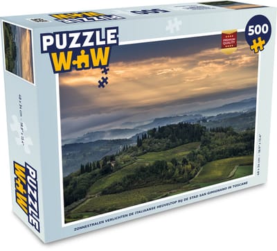 Puzzel Zonnestralen verlichten de Italiaanse heuveltop bij de stad San Gimignano in Toscane - Legpuzzel - Puzzel 500 stukjes