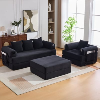 Modulaire 4-zits corduroy compressiebank inclusief poef – met stevig metalen frame, zijvak en 4 comfortabele kussens. Vulling van schuim met hoge dichtheid – vrij combineerbaar en veelzijdig.