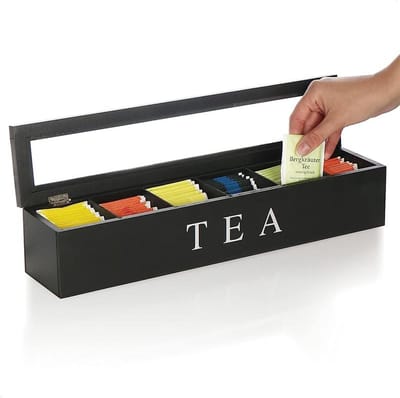 Thee-opbergdoos met 6 compartimenten - Houten opbergdoos voor koffiecapsules en theezakjes - Kruidenrek met doorzichtig deksel - Compacte oplossing voor keukenorganisatie - Zwarte finish