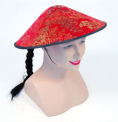 Chinese koelie hoed - rood - met vlecht - volwassenen - verkleed accessoire - carnaval