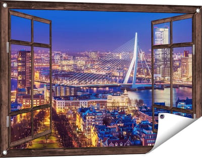 Gards Tuinposter Doorkijk Rotterdamse Skyline met de Erasmusbrug - 90x60 cm - Tuindoek - Tuindecoratie - Wanddecoratie buiten - Tuinschilderij