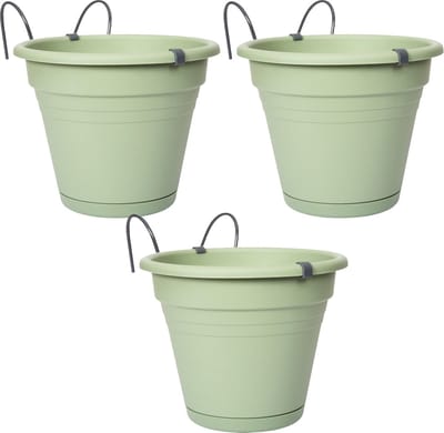 3 x Hangpot Kunststof - Tuin Balkon Bloempot Relingpot Met Wateroverloop D.20 H17 cm - Oudgroen