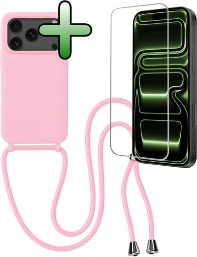 Hoes Geschikt voor iPhone 17 Pro / 18 Pro Hoesje Met Koord Met Screenprotector - Telefoonhoesje Geschikt voor iPhone 17 Pro / 18 Pro Backcover Met Afneembaar Koord - Lichtroze