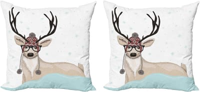 ABAKUHAUS Kerstkussenhoez set van 2, Hipster hert met bril, 60x60 cm, Blauw, Wit, Beige