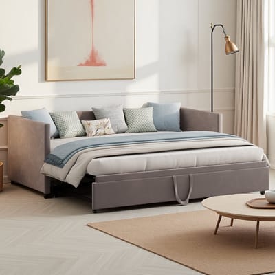 Slaapbank 90x200 / 180x200 – Grijze Fluwelen Bedbank, Sofa & Bed in Eén, Uitklapbaar Logeerbed