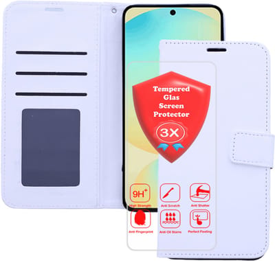 Bookcase Geschikt voor: Samsung Galaxy S25 Wit - Portemonnee hoesje met 3x Glas Screen protector - Book Cover