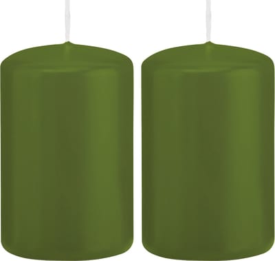 Trend Candles Cilinderkaars/stompkaars - 2x - olijfgroen - 5 x 8 cm - 18 branduren - met brandvertragende folie