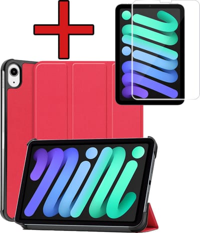 Hoesje - Geschikt voor Apple iPad Mini 7 (2024) - 8.3 inch - 7e Generatie - Met Screenprotector - Hardcover Book Case - Trifold Bookcase Hoes - Hard Cover - Tablethoes - Rood