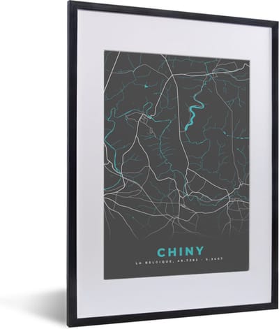 Fotolijst incl. Poster - Plattegrond – Chiny – Blauw – Stadskaart - Kaart - België - 30x40 cm - Posterlijst