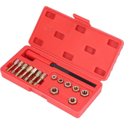 15-delige set metrische draadhersteller reparatiegereedschapsset met 7 stuks snijplaten 7 stuks tappen 1 stuk vijl voor auto red