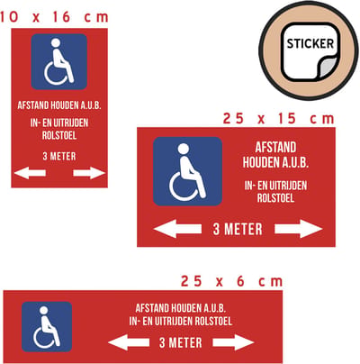 Pictogram/ sticker set (3 stuks) | "Afstand houden a.u.b. - In- en uitrijden rolstoel - 3 meter" | 3 formaten | Gehandicapt | Invalide | Rolstoelgebruiker | Rolstoelvriendelijk | Vervoer | Patiëntenvervoer | 3 stuks