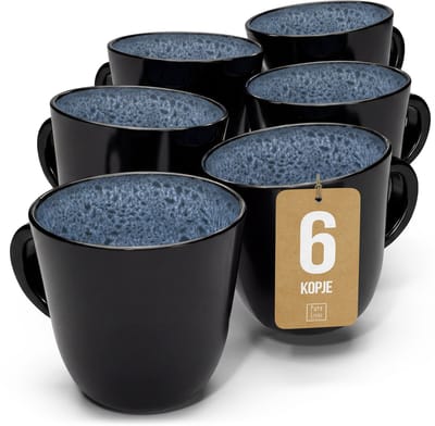 Pure Living Ibiza Dark Set Van 6 Koffiemokken - 435ml - Rookblauw - Aardewerk - Vaatwasserbestendig - Magnetronbestendig