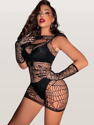 LekkerStout Bodycon Jurk - Spinnenweb - Handschoenen - Zwart - Sexy Lingerie | S-L | ( LS174 )