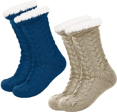 JAXY Huissokken - Huissokken Dames en Heren - Verwarmde sokken - Anti Slip Sokken - Fleece Sokken - Dikke Sokken - Fluffy Sokken - Slofsokken - Warme Sokken - Bedsokken - Gevoerde Sokken - Winter Sokken - 2 Paar - Petrol + Beige