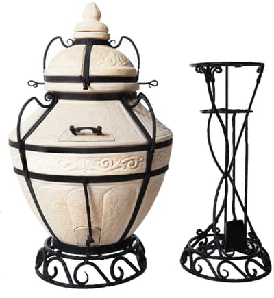 Tandoor Aladin (klapdeksel) – Keramische houtgestookte buitenoven, verticale Kamado voor vlees, groenten en brood – Met 20 XL-spiesen & accessoires – 6,5 cm dikke wanden voor perfecte warmteopslag – 120 cm – 206 kg - 135L *** Met beschermhoes