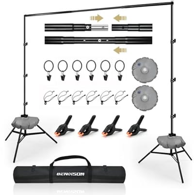 BENOISON Background Stand Kit - 2.6x3m (8.5x10ft) Photography Photo Video Studio Adjustable Background Support Photo Background Supports Telescopic with Water Pocket