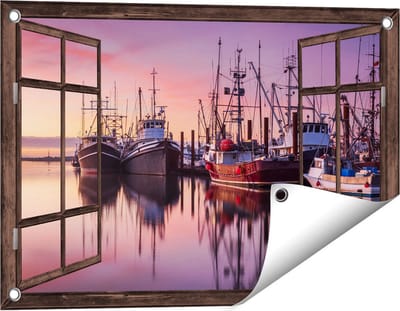 Gards Tuinposter Doorkijk Schepen in de Haven - Boten - 60x40 cm - Tuindoek - Tuindecoratie - Wanddecoratie buiten - Tuinschilderij