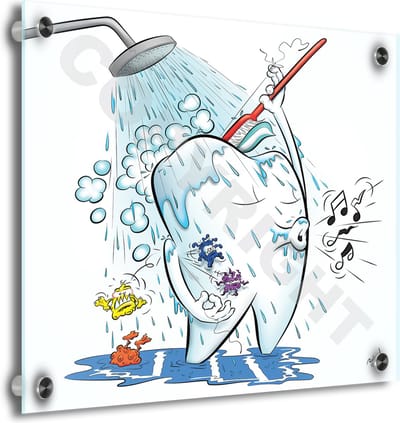 Tandarts Cartoon op plexiglas - Uniek ontwerp - Roland Hols - Wassende kies - 40 x 40 cm - 5 mm dik - inclusief 4 afstandhouders chroom (zilverkleurig) - Decoratie - Orthodontist - Mondhygiënist