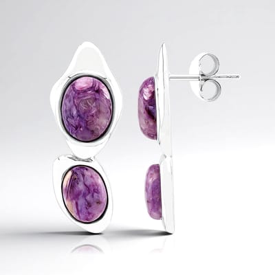 Cavill - Zilveren Oorbellen - 925 Sterling Zilver Gerhodineerd - Paarse Ovale Charoiet Cabochon 5,83 ct - Elegante Dames Sieraden 27 mm