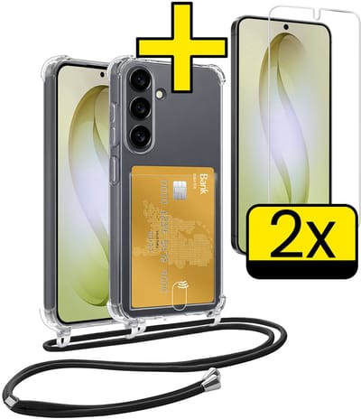Hoesje Geschikt voor Samsung S26 Telefoonhoesje Met Koord Case Pashouder Met 2x Screenprotector Siliconen - Hoes Geschikt voor Samsung Galaxy S26 Hoesje Met Kaarthouder - Transparant