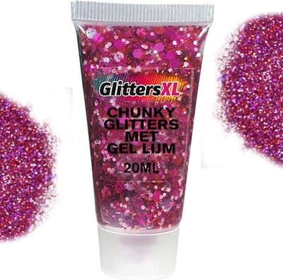 Chunky Glitters met Gel Lijm Tube (Donker Roze) [Volume 20ML - Festival Jewels Glitter Outfit Lichaam en Gezicht - Make-up Diamond Dots Face Body - Diamantjes Strass Steentjes - Kinderen Volwassenen Dames Makeup Tattoo Mastix Schmink]