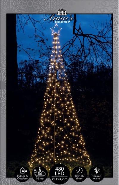 Anna's Collection Vlaggenmast kerstboom met ster - kerstverlichting - 480 leds - 320 cm - warm wit