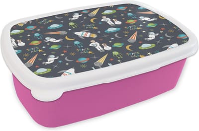 Broodtrommel Roze - Lunchbox - Brooddoos - Astronaut - Ufo - Regenboog - Patronen - 18x12x6 cm - Kinderen - Meisje