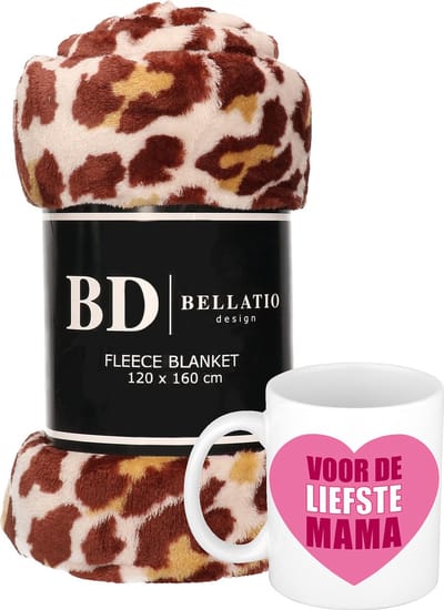 Cadeau moeder set - Fleece plaid/deken panter print met Liefste Mama mok - Mama ontspanning cadeau kerst, moederdag, verjaardag