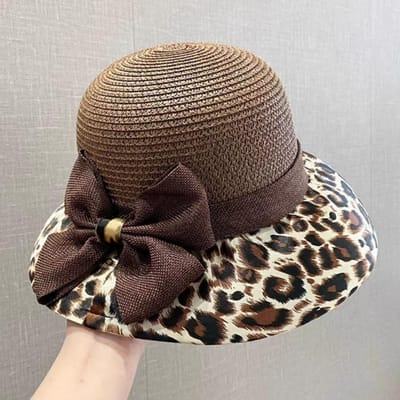 Chapeau de paille à nœud imprimé léopard à large bord Protection UV Chapeau de soleil pour femme Respirant Style coréen Chapeau de pêcheur Été Extérieur gray