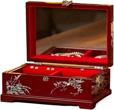 Sieradenopbergdoos - Houten organizer - Sieraden opbergen - Met spiegel - 227x156x100mm - Rood