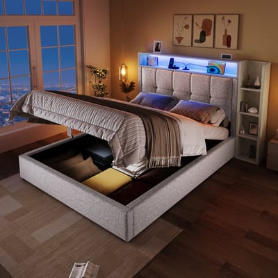 Gepolsterd Bed - 90x200 cm - Met LED en USB-C - Opbergruimte en App - Linnen - Beige