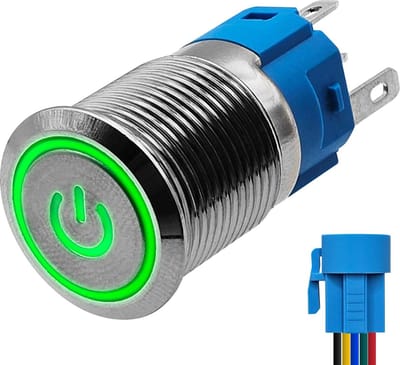 ProRide Metalen Drukschakelaar 12V ON-OFF met Aansluitkabel - 16mm - Aan/uit schakelaar - Spatwaterdicht - 12V/24V - LED Indicatie Groen