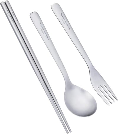 Titanium Bestekset met Lange Handvaten - Lichtgewicht Lepel, Vork en Vierkante Eetstokjes voor Kamperen, Reizen en Buitenactiviteiten